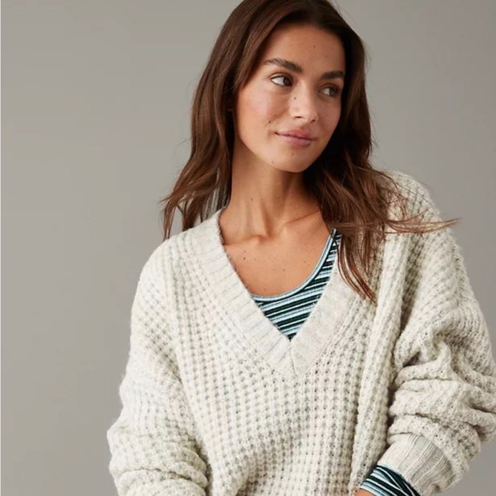 AE Whoa So Cozy Waffle Knit Cream Vneck Sweater